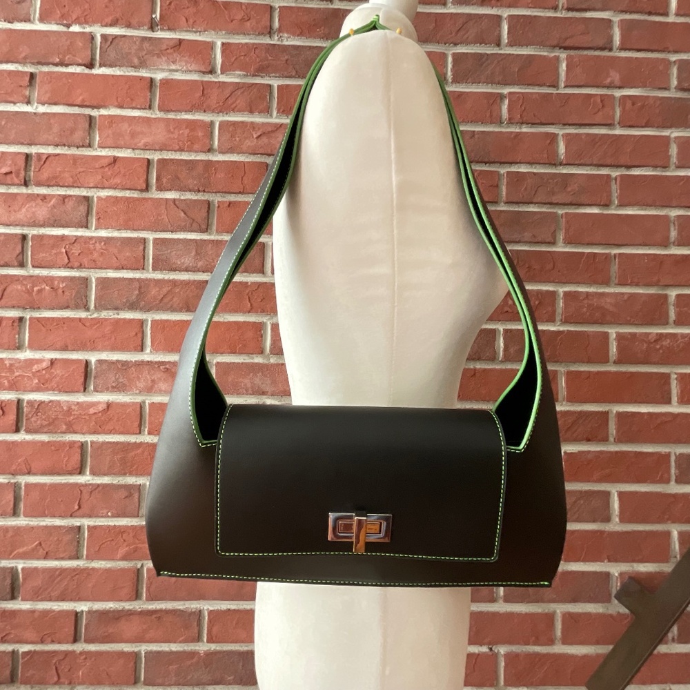 Classic Black Shoulder Bag with Lime Green Trim